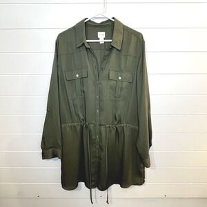 CHICOS Womens Olive Green Shirt Dress Size Large Tab Sleeves Pockets Plus Size 3